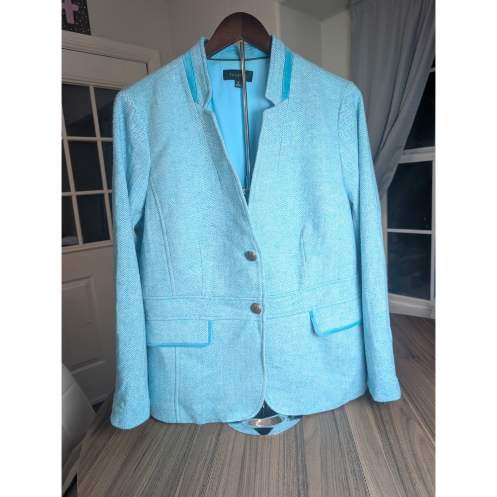 Talbots Women's Size 16 Aqua Blue Herringbone Blazer Wool Blend Career Jacket